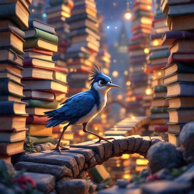 The primary subject of the image is a blue bird perched on a stone bridge. The setting is a bookshelf filled with books, creating a cozy and intellectual atmosphere. The visual style is a digital art illustration, showcasing the bird and the bookshelf in a detailed and vibrant manner. The colors and mood of the image are predominantly blue and calm, with the bird and the books creating a sense of tranquility and curiosity.